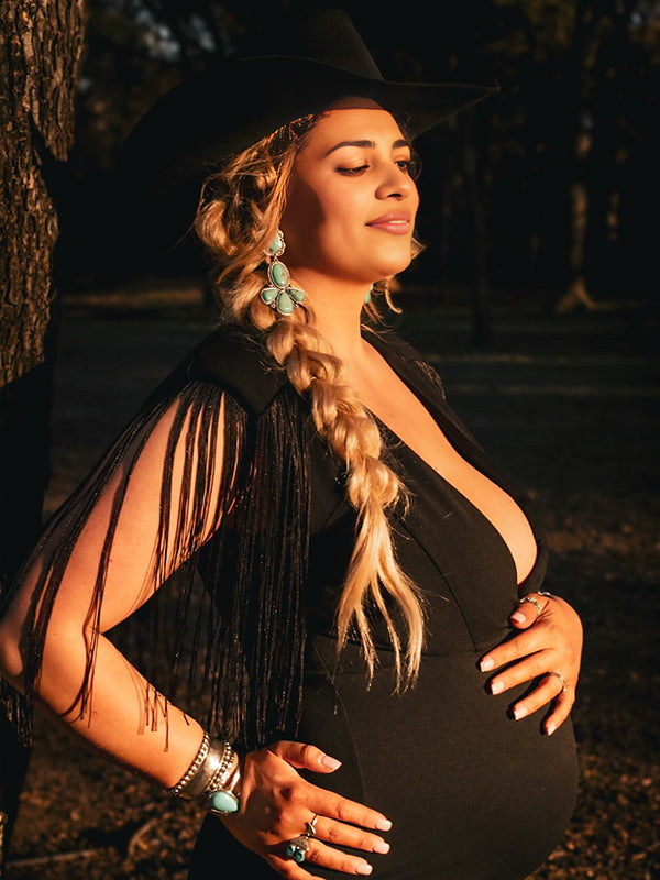 fotobeyou Black Tassel Fringe Cross Chest Mermaid Plus Size Elegant Maternity Maxi Dress