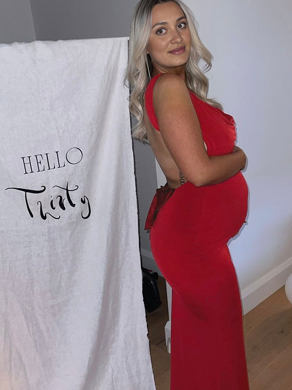 fotobeyou Solid Color Bow Tank Backless Mermaid Elegant Cocktail Party Maternity Baby Shower Maxi Dress