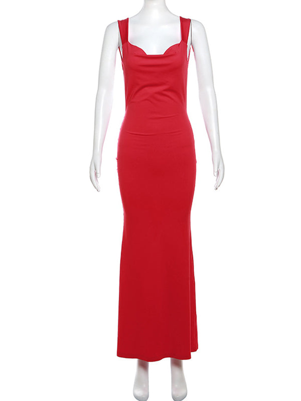 fotobeyou Solid Color Bow Tank Backless Mermaid Elegant Cocktail Party Maternity Baby Shower Maxi Dress