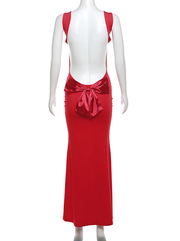 fotobeyou Solid Color Bow Tank Backless Mermaid Elegant Cocktail Party Maternity Baby Shower Maxi Dress