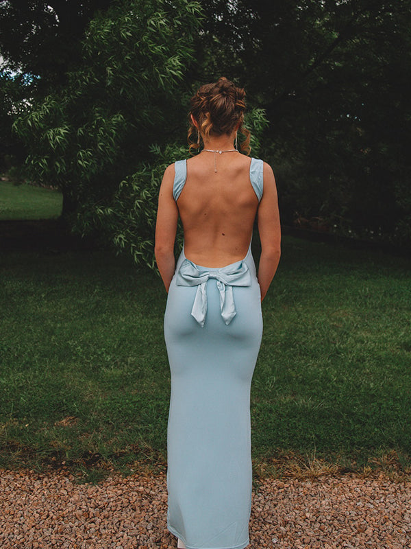 fotobeyou Solid Color Bow Tank Backless Mermaid Elegant Cocktail Party Maternity Baby Shower Maxi Dress