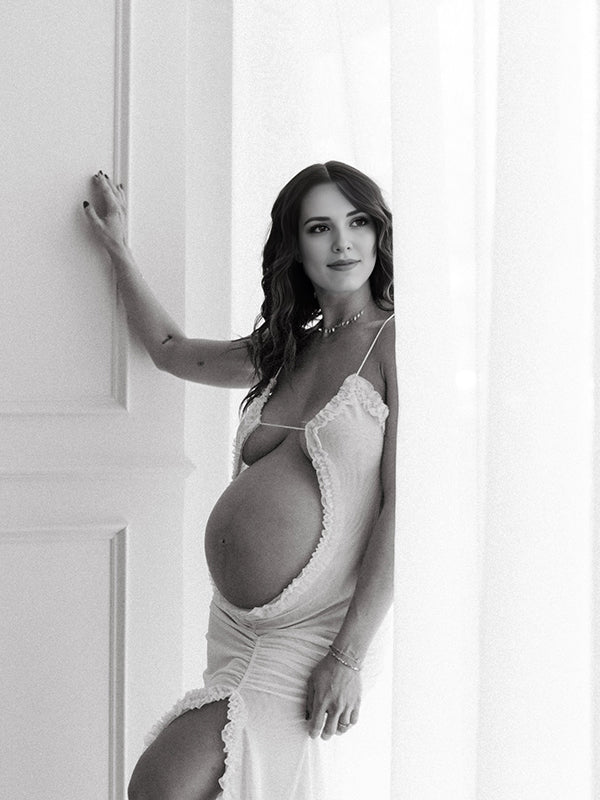 fotobeyou White Ruched Ruffle Falbala Cut Out Side Slit Crop Cami Mermaid Elegant Maternity Photoshoot Maxi Dress