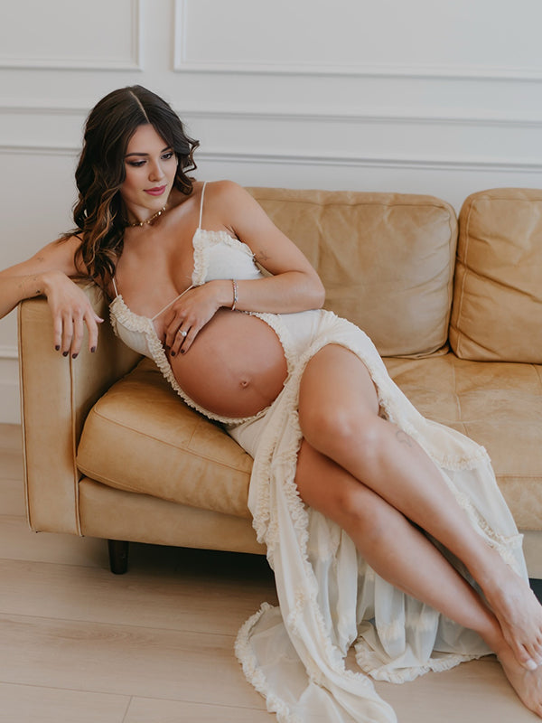 fotobeyou White Ruched Ruffle Falbala Cut Out Side Slit Crop Cami Mermaid Elegant Maternity Photoshoot Maxi Dress