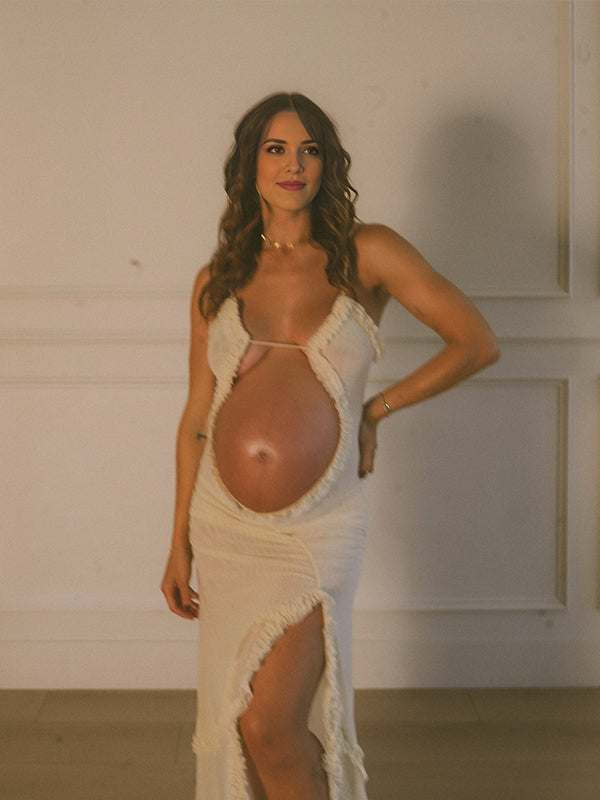 fotobeyou White Ruched Ruffle Falbala Cut Out Side Slit Crop Cami Mermaid Elegant Maternity Photoshoot Maxi Dress