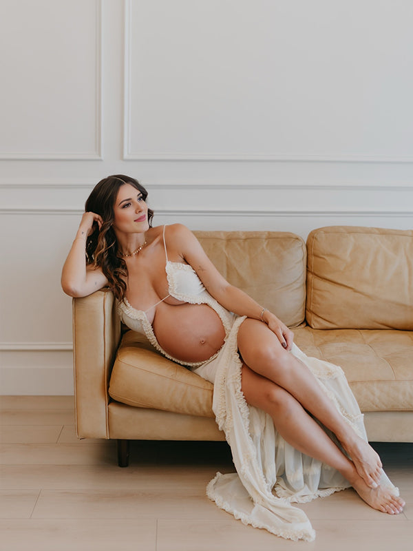 fotobeyou White Ruched Ruffle Falbala Cut Out Side Slit Crop Cami Mermaid Elegant Maternity Photoshoot Maxi Dress