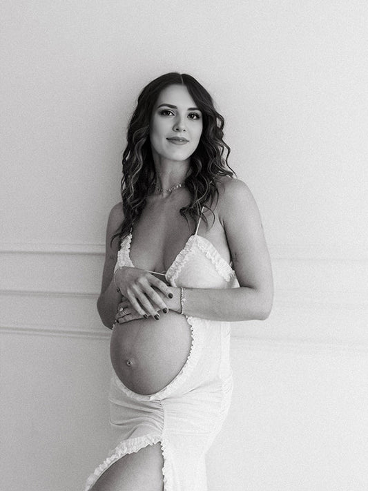 fotobeyou White Ruched Ruffle Falbala Cut Out Side Slit Crop Cami Mermaid Elegant Maternity Photoshoot Maxi Dress