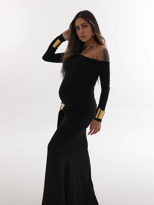 fotobeyou Black Off Shoulder Draped Ruched Metal Buckle Bodycon Elegant Maternity Photoshoot Maxi Dress