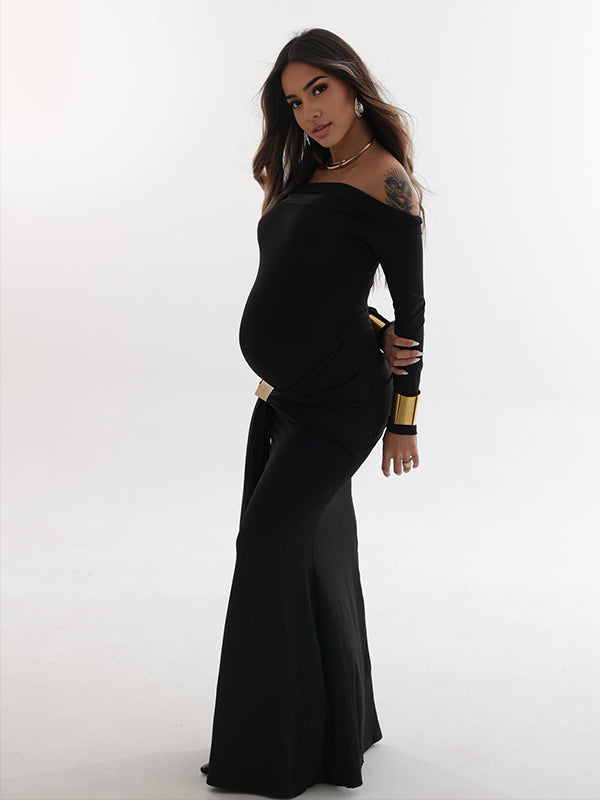 fotobeyou Black Off Shoulder Draped Ruched Metal Buckle Bodycon Elegant Maternity Photoshoot Maxi Dress