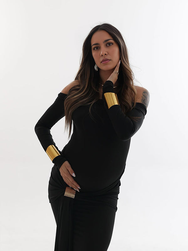 fotobeyou Black Off Shoulder Draped Ruched Metal Buckle Bodycon Elegant Maternity Photoshoot Maxi Dress
