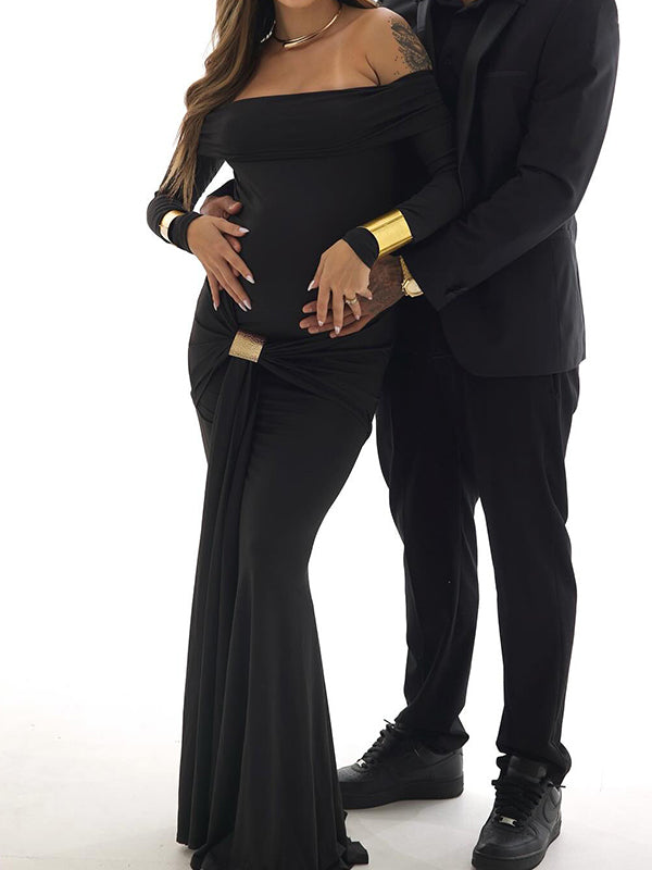 fotobeyou Black Off Shoulder Draped Ruched Metal Buckle Bodycon Elegant Maternity Photoshoot Maxi Dress