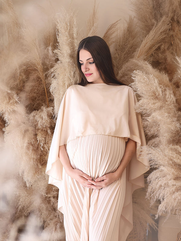 fotobeyou Beige Pleated Cloak Cape Sleeve Elegant Evening Gown Maternity Photoshoot Maxi Dress