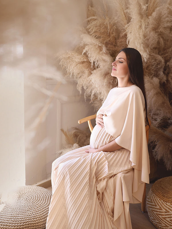 fotobeyou Beige Pleated Cloak Cape Sleeve Elegant Evening Gown Maternity Photoshoot Maxi Dress
