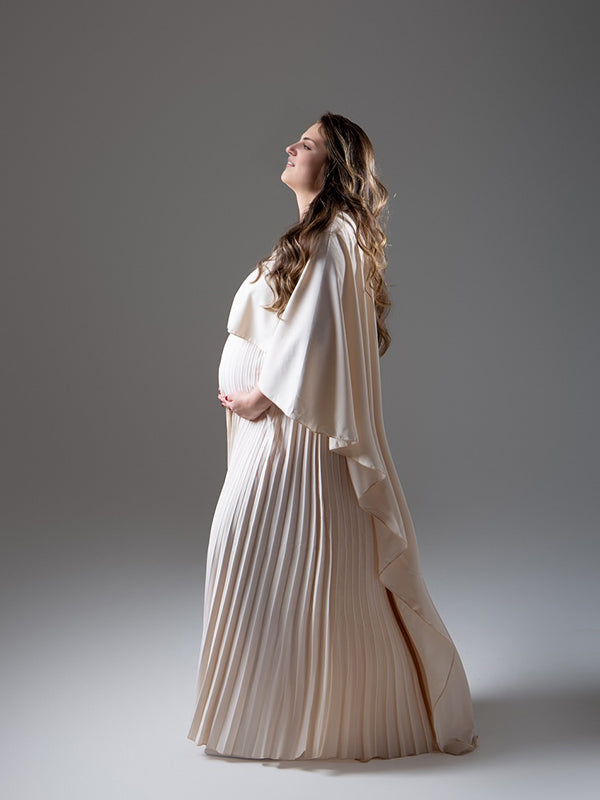 fotobeyou Beige Pleated Cloak Cape Sleeve Elegant Evening Gown Maternity Photoshoot Maxi Dress