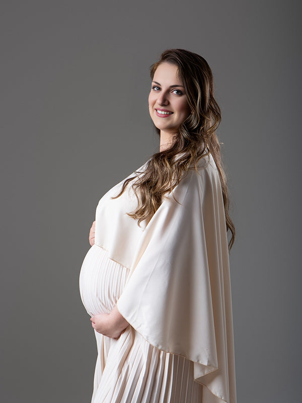 fotobeyou Beige Pleated Cloak Cape Sleeve Elegant Evening Gown Maternity Photoshoot Maxi Dress