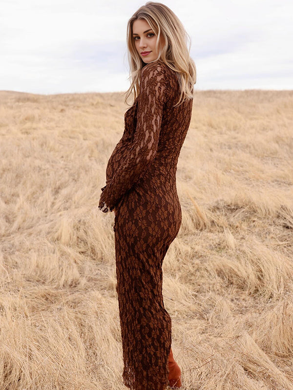 fotobeyou Browm Floral Lace-Up Flare Sleeve Elegant Semi-sheer Maternity Photoshoot Maxi Dress