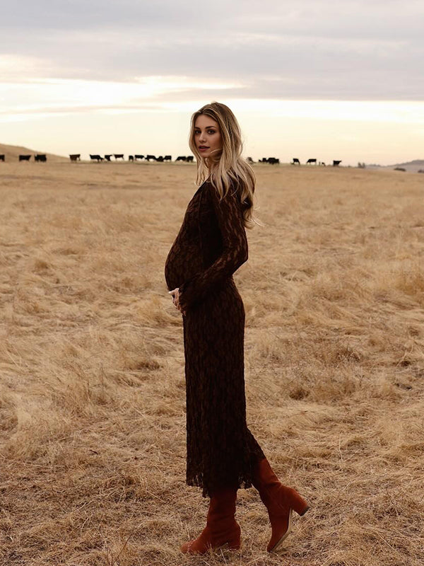 fotobeyou Browm Floral Lace-Up Flare Sleeve Elegant Semi-sheer Maternity Photoshoot Maxi Dress