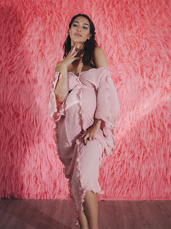 fotobeyou Pink Ruffle Off Shoulder V-neck Belted Photoshoot Baby Shower Maternity Maxi Dress