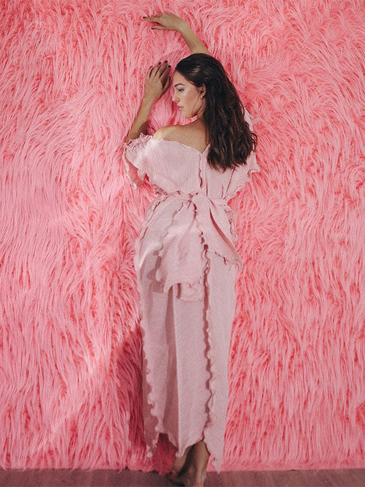 fotobeyou Pink Ruffle Off Shoulder V-neck Belted Photoshoot Baby Shower Maternity Maxi Dress