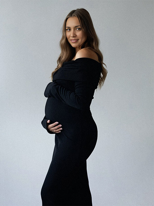 fotobeyou Off Shoulder Ruched Flare Sleeve Mermaid Bodycon Fashion Photoshoot Baby Shower Maternity Maxi Dress