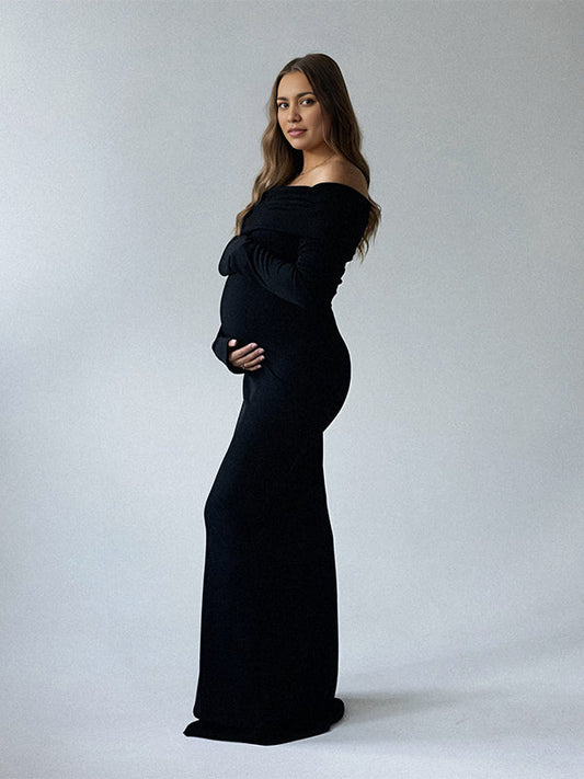 fotobeyou Off Shoulder Ruched Flare Sleeve Mermaid Bodycon Fashion Photoshoot Baby Shower Maternity Maxi Dress