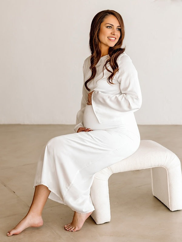 fotobeyou Silk Back Tie Solid Color Flare Sleeve Elegant Photoshoot Baby Shower Maternity Maxi Dress