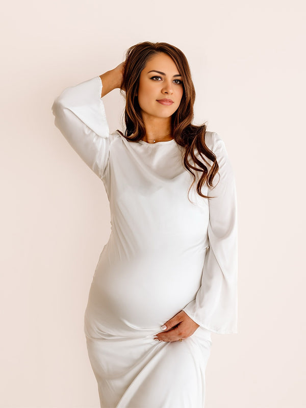 fotobeyou Silk Back Tie Solid Color Flare Sleeve Elegant Photoshoot Baby Shower Maternity Maxi Dress