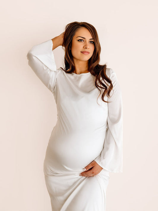 fotobeyou Silk Back Tie Solid Color Flare Sleeve Elegant Photoshoot Baby Shower Maternity Maxi Dress
