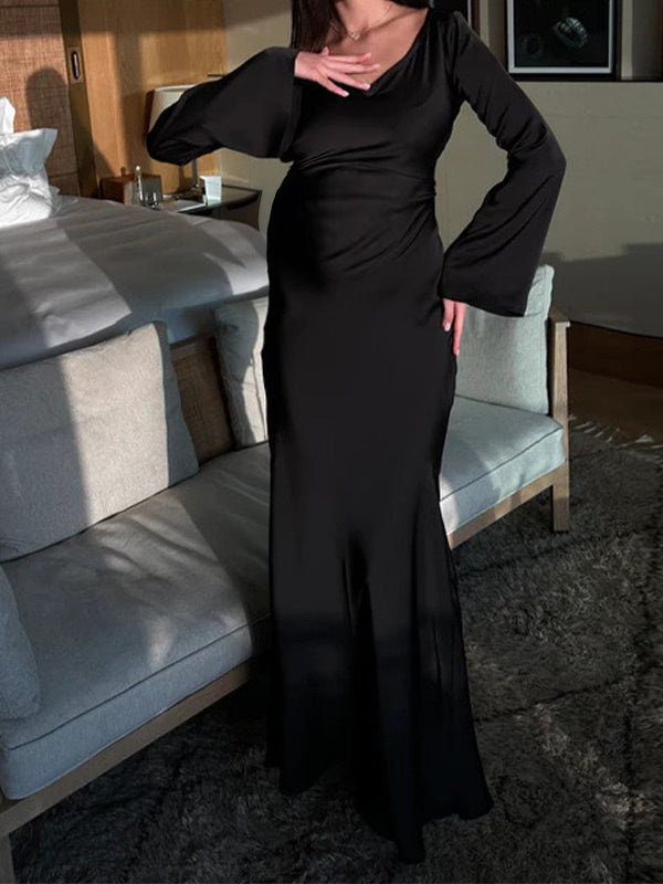fotobeyou Silk Back Tie Solid Color Flare Sleeve Elegant Photoshoot Baby Shower Maternity Maxi Dress