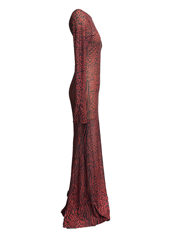 fotobeyou Red Leopard Backless Slit Flare Sleeve Sheer Bodycon Party Baby Shower Maternity Maxi Dress