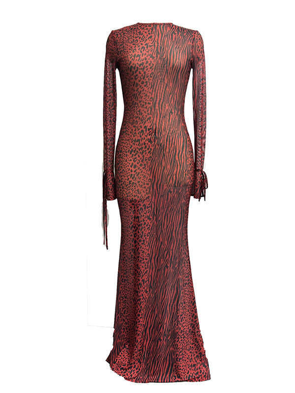 fotobeyou Red Leopard Backless Slit Flare Sleeve Sheer Bodycon Party Baby Shower Maternity Maxi Dress