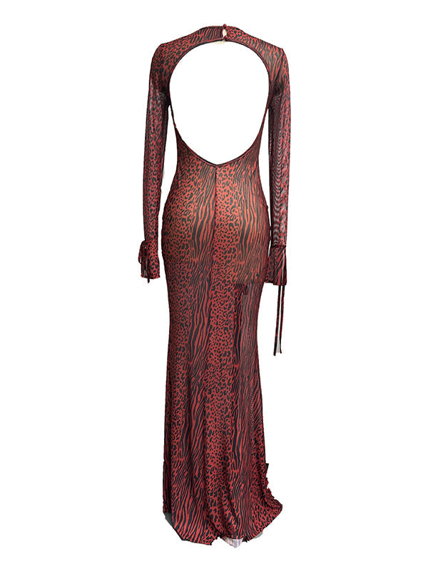fotobeyou Red Leopard Backless Slit Flare Sleeve Sheer Bodycon Party Baby Shower Maternity Maxi Dress