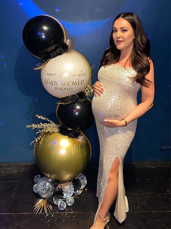 fotobeyou Silver Sequin Side Slit Backless Halter Neck Bodycon Evening Christmas Party Cocktail Baby Shower Maternity Maxi Dress