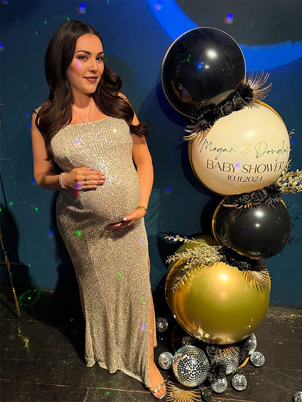 fotobeyou Silver Sequin Side Slit Backless Halter Neck Bodycon Evening Christmas Party Cocktail Baby Shower Maternity Maxi Dress