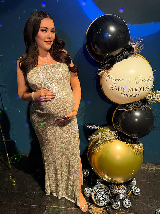fotobeyou Silver Sequin Side Slit Backless Halter Neck Bodycon Evening Christmas Party Cocktail Baby Shower Maternity Maxi Dress