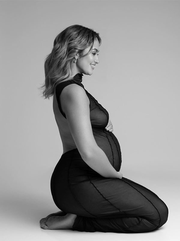 fotobeyou Black Sheer Backless Band Neck Bodycon Club Fashion Elegant Photoshoot Maternity Maxi Dress