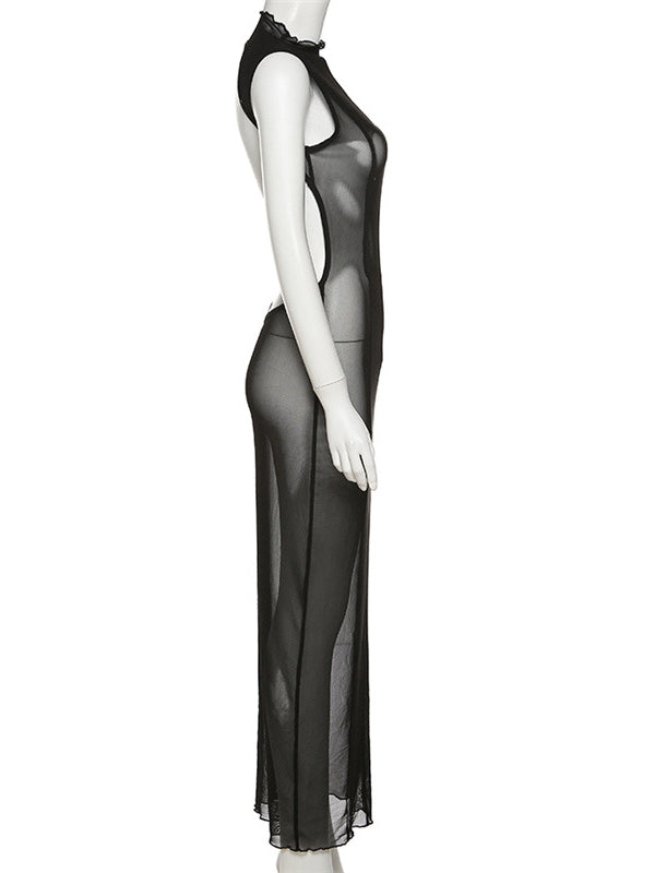 fotobeyou Black Sheer Backless Band Neck Bodycon Club Fashion Elegant Photoshoot Maternity Maxi Dress