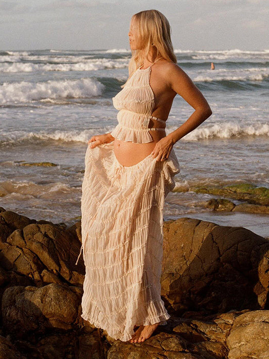 fotobeyou Beige 2 Piece Smocked Ruffle Backless Flowy Elegant Vacation Beach Photoshoot Maternity Maxi Dress