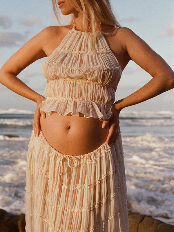fotobeyou Beige 2 Piece Smocked Ruffle Backless Flowy Elegant Vacation Beach Photoshoot Maternity Maxi Dress