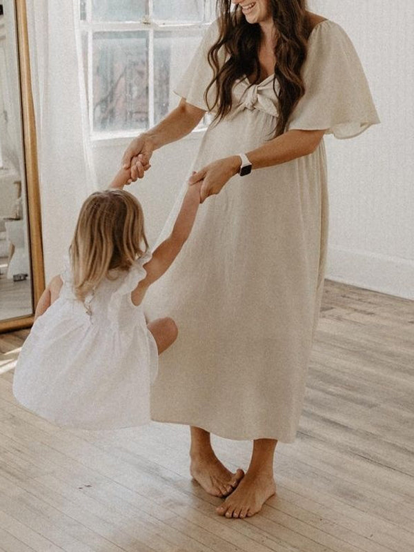 fotobeyou Bow Flutter Sleeve Solid V-neck Flowy Vacation Beach Cute Baby Shower Photoshoot Maternity Maxi Dress