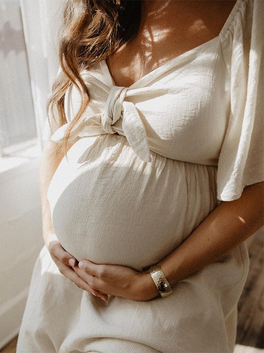 fotobeyou Bow Flutter Sleeve Solid V-neck Flowy Vacation Beach Cute Baby Shower Photoshoot Maternity Maxi Dress