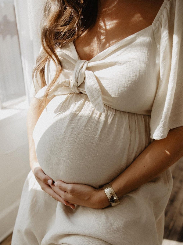 fotobeyou Bow Flutter Sleeve Solid V-neck Flowy Vacation Beach Cute Baby Shower Photoshoot Maternity Maxi Dress