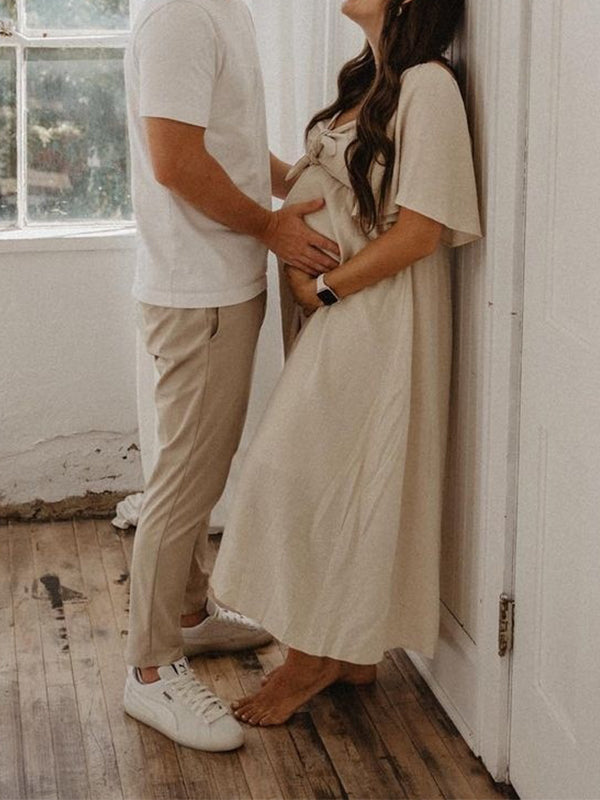 fotobeyou Bow Flutter Sleeve Solid V-neck Flowy Vacation Beach Cute Baby Shower Photoshoot Maternity Maxi Dress