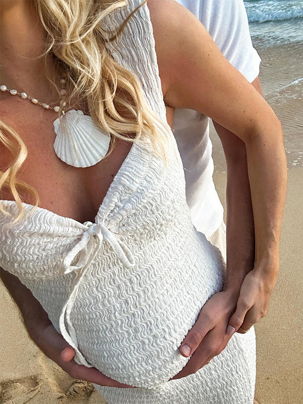 fotobeyou Smocked Bow Tie Side Slit Elegant Bodycon Vacation Beach Photoshoot Cute Baby Shower Maternity Maxi Dress