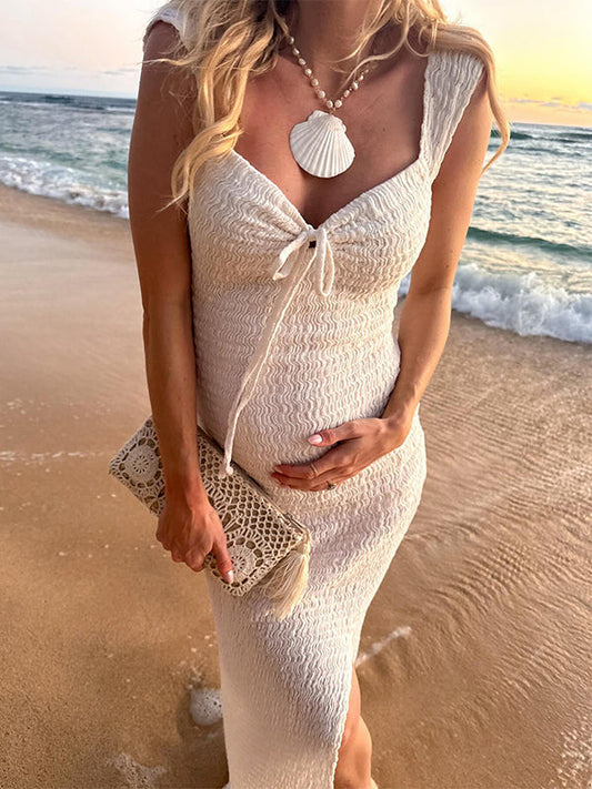 fotobeyou Smocked Bow Tie Side Slit Elegant Bodycon Vacation Beach Photoshoot Cute Baby Shower Maternity Maxi Dress