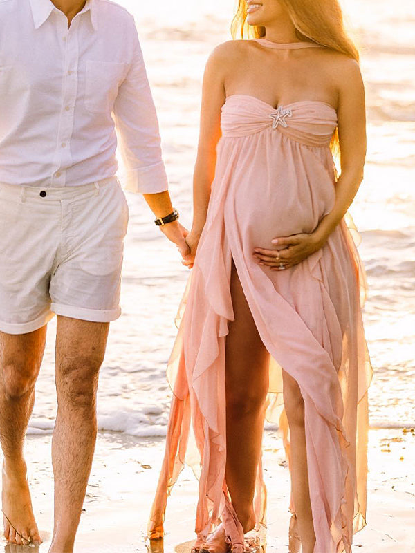 fotobeyou Pink Irregular Ruffle Halter Neck Backless Flowy Elegant Vacation Beach Photoshoot Gender Reveal Girl Baby Shower Maternity Maxi Dress