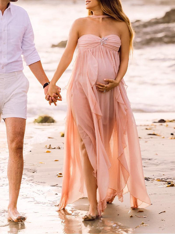fotobeyou Pink Irregular Ruffle Halter Neck Backless Flowy Elegant Vacation Beach Photoshoot Gender Reveal Girl Baby Shower Maternity Maxi Dress