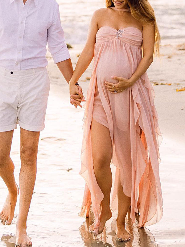 fotobeyou Pink Irregular Ruffle Halter Neck Backless Flowy Elegant Vacation Beach Photoshoot Gender Reveal Girl Baby Shower Maternity Maxi Dress