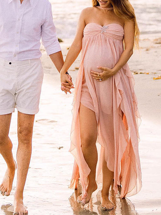 fotobeyou Pink Irregular Ruffle Halter Neck Backless Flowy Elegant Vacation Beach Photoshoot Gender Reveal Girl Baby Shower Maternity Maxi Dress