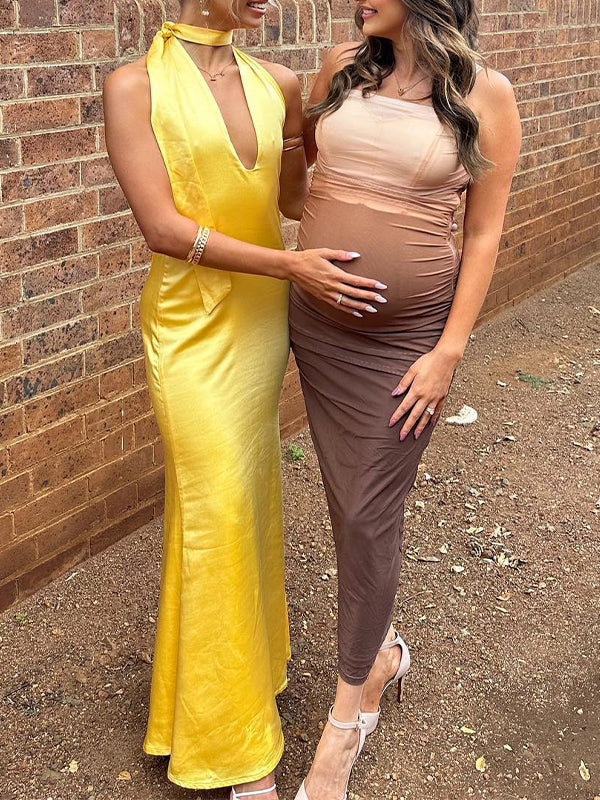 fotobeyou Brown Gradient Color Ruched Grenadine Bodycon Fashion Daily Baby Shower Maternity Maxi Dress