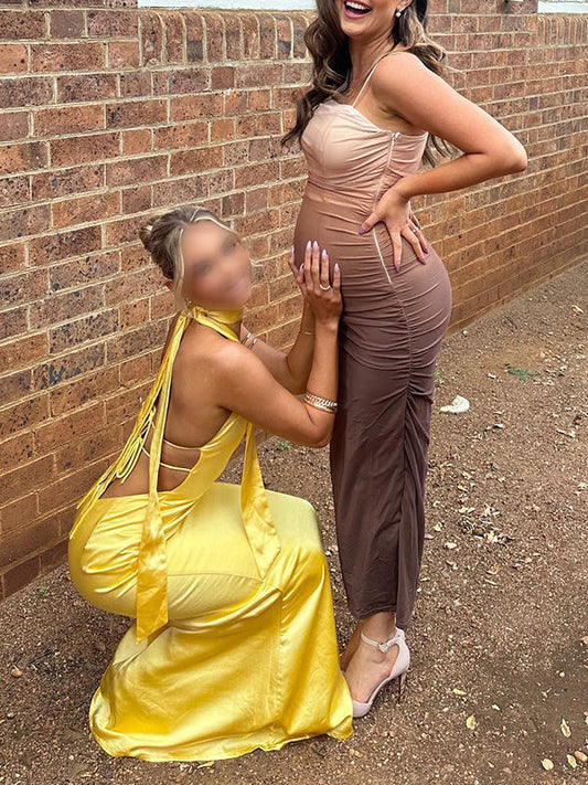 fotobeyou Brown Gradient Color Ruched Grenadine Bodycon Fashion Daily Baby Shower Maternity Maxi Dress